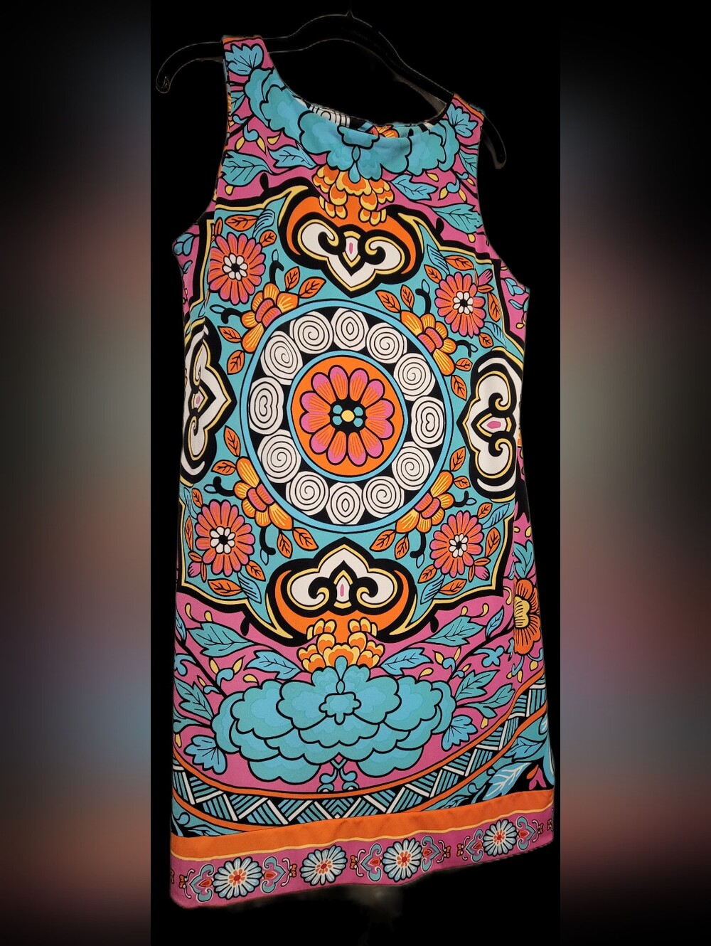 Nicole Miller Vibrant Floral Medallion Shift Dress in Turquoise, Pink & Orange
